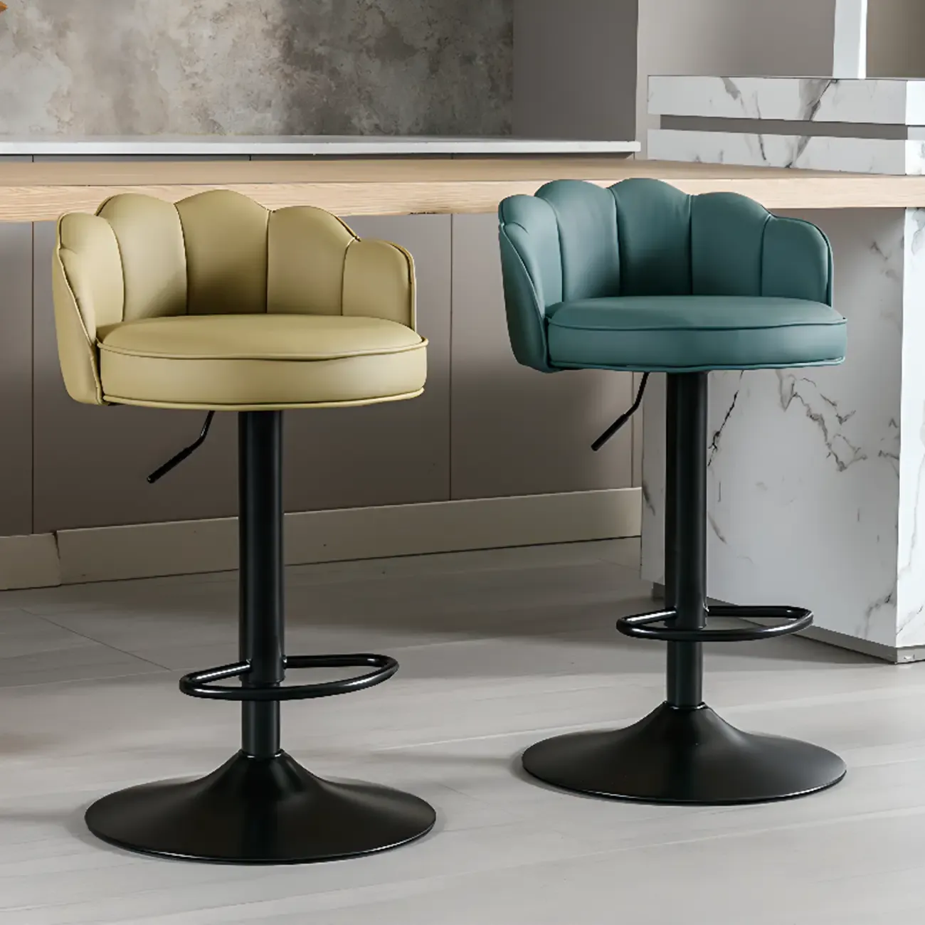Industrial Leather Swivel Bar Stools with Curved Back for Home Image - 1
