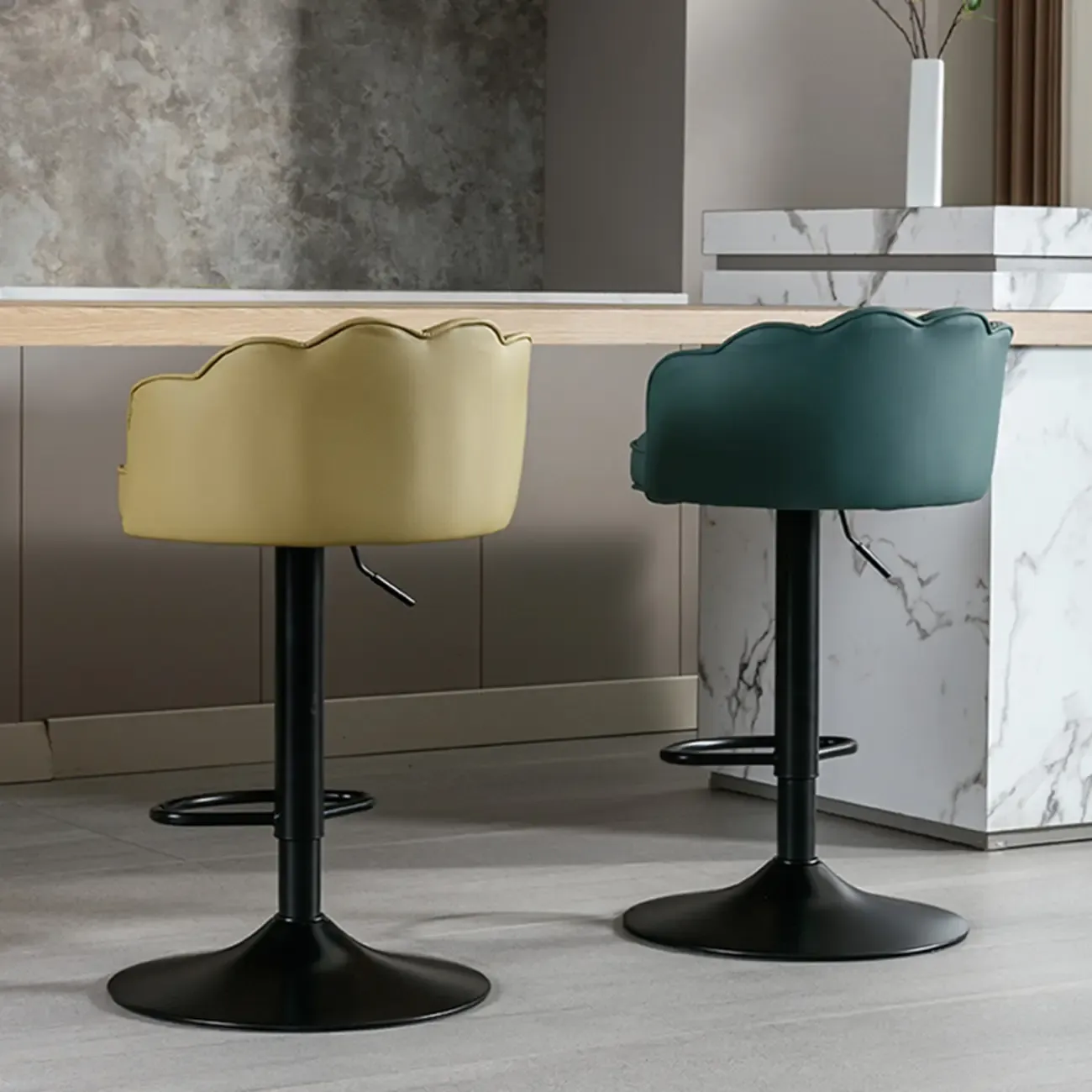 Industrial Leather Swivel Bar Stools with Curved Back for Home Image - 6