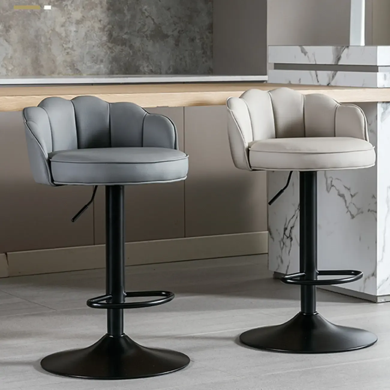 Industrial Leather Swivel Bar Stools with Curved Back for Home Image - 2