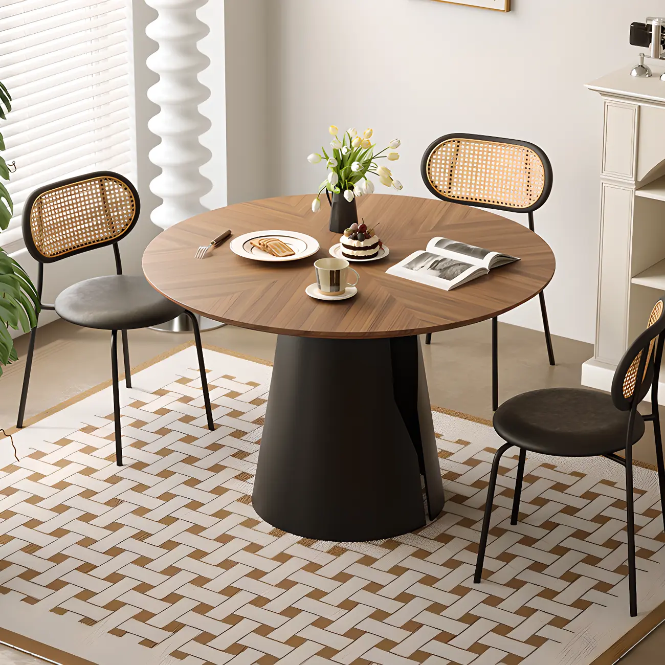 Scandinavian Pedestal Wood Brown Round Dining Table Image - 1 | homeyfad