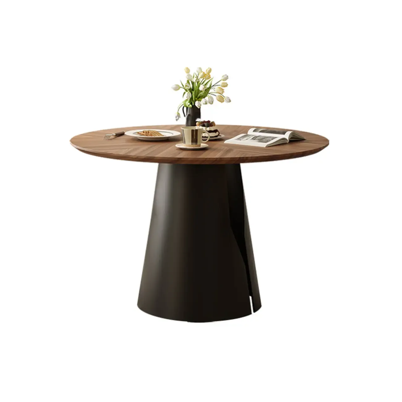 Scandinavian Pedestal Wood Brown Round Dining Table Image - 2