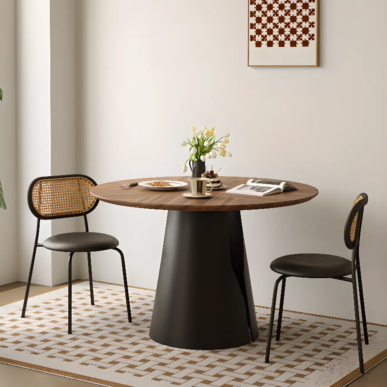 Scandinavian Pedestal Wood Brown Round Dining Table Image - 3 | homeyfad
