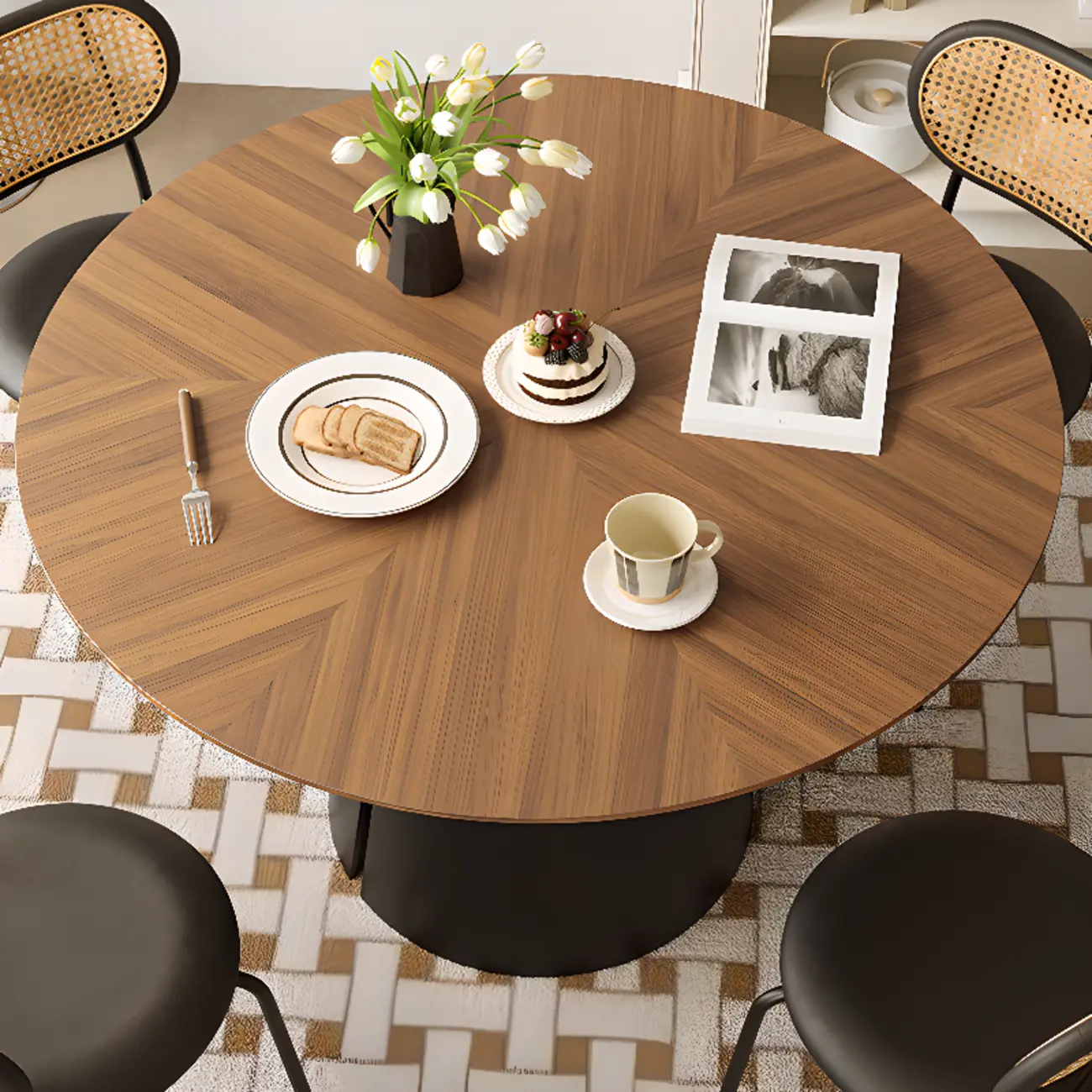 Scandinavian Pedestal Wood Brown Round Dining Table Image - 5 | homeyfad