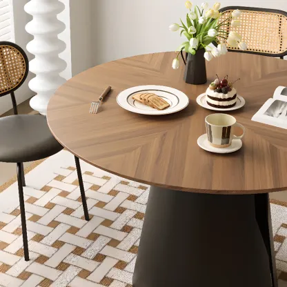 Scandinavian Pedestal Wood Brown Round Dining Table Image - 7
