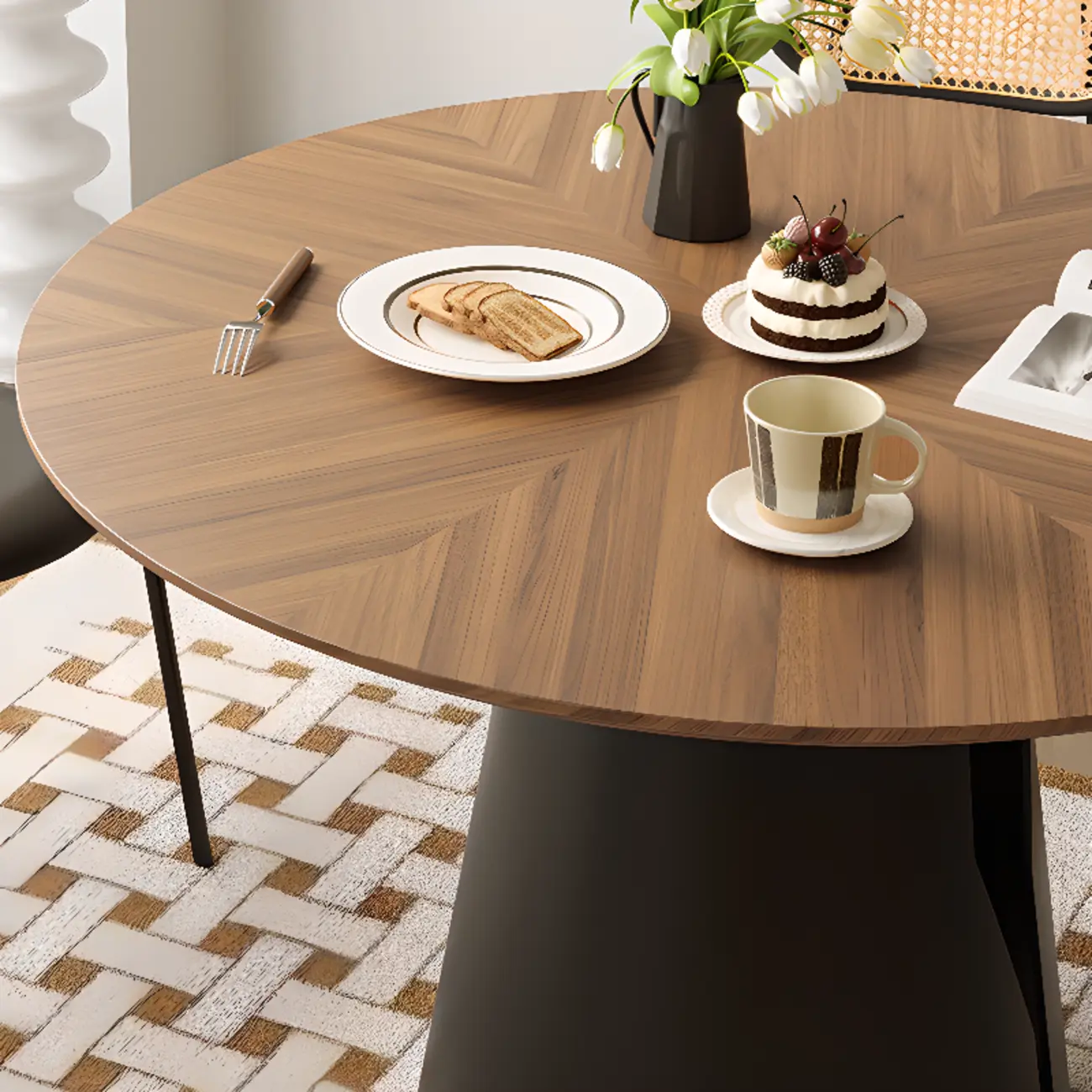 Scandinavian Pedestal Wood Brown Round Dining Table Image - 10 | homeyfad