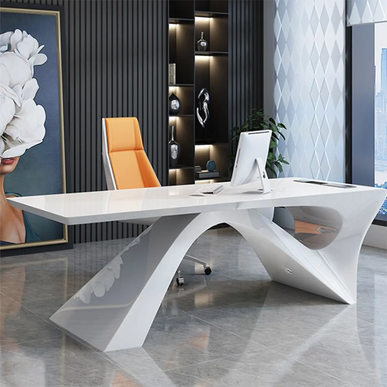 Glam White Wooden Executive Office Desk with Unique Base Image - 1 | homeyfad