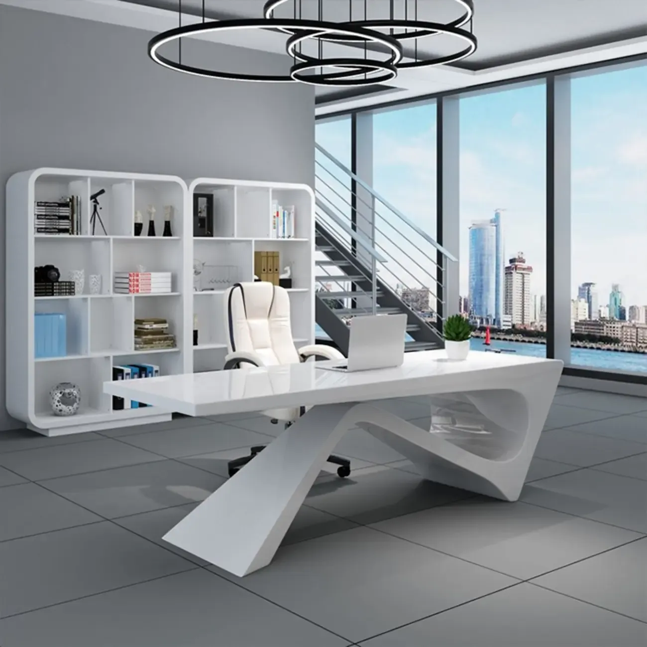 Glam White Wooden Executive Office Desk with Unique Base Image - 2