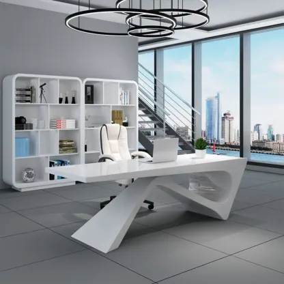 Glam White Wooden Executive Office Desk with Unique Base Image - 2