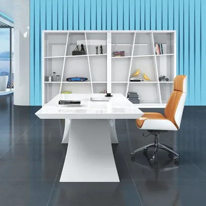 Glam White Wooden Executive Office Desk with Unique Base Image - 3