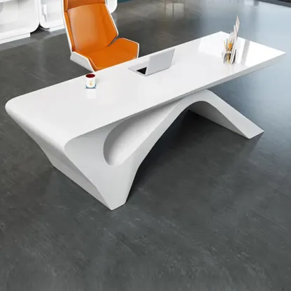 Glam White Wooden Executive Office Desk with Unique Base Image - 4