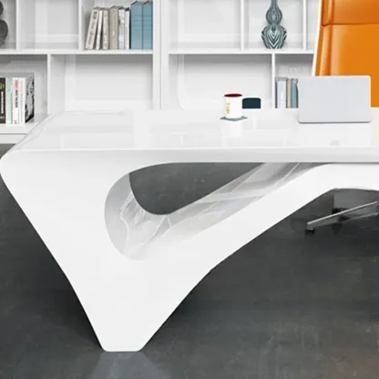 Glam White Wooden Executive Office Desk with Unique Base Image - 8