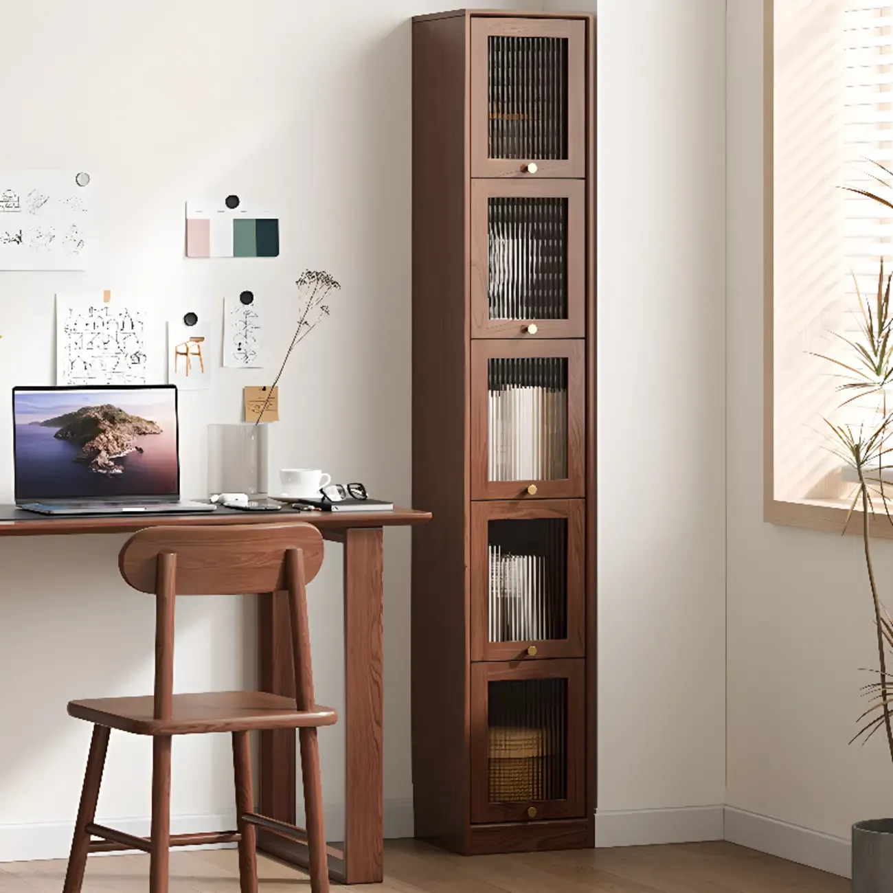 Cherry Wood Vertical Bookcase with Glass Doors Image - 10