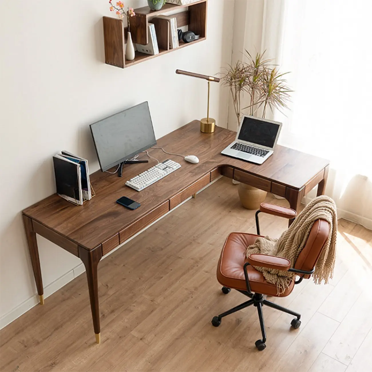 Large L-Shaped Wooden Brown Computer Desk with Drawers Image - 1 | homeyfad