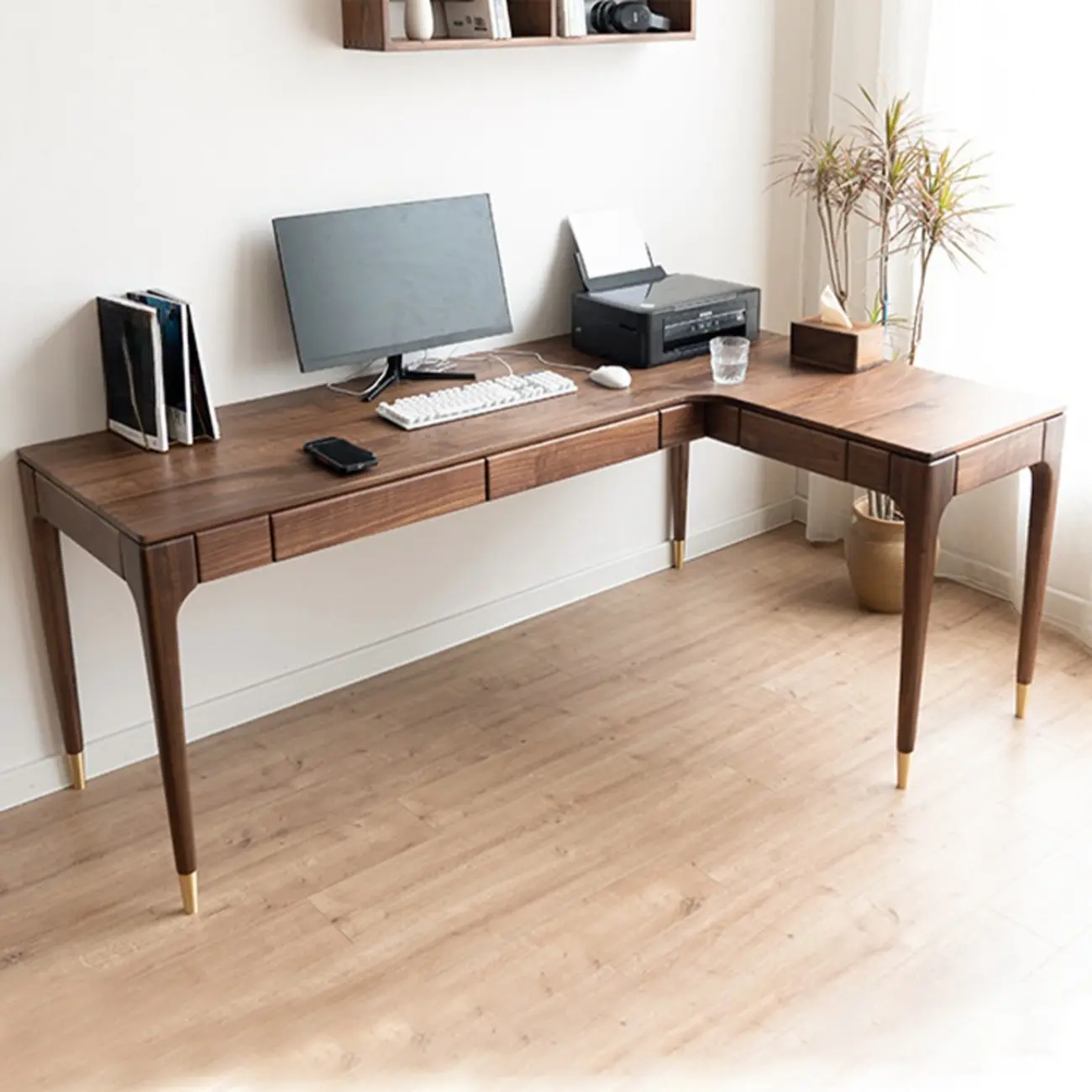 Large L-Shaped Wooden Brown Computer Desk with Drawers Image - 2 | homeyfad