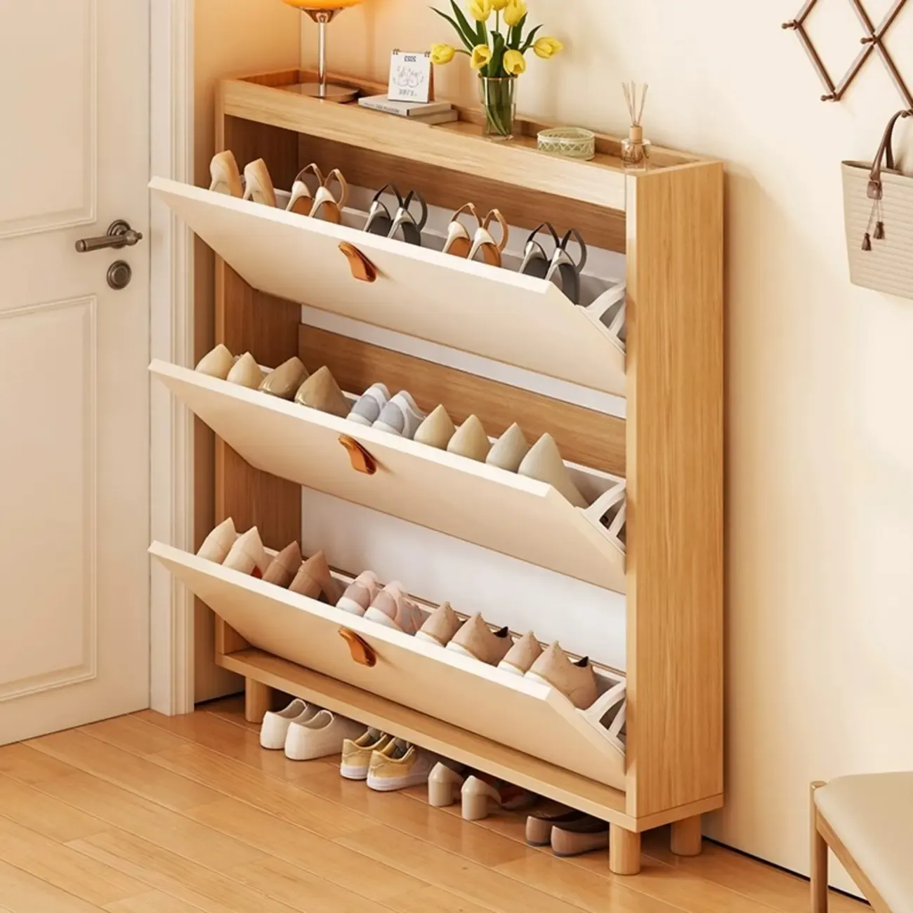 Natural Narrow Drop Front Shoe Cabinet with Doors Image - 1