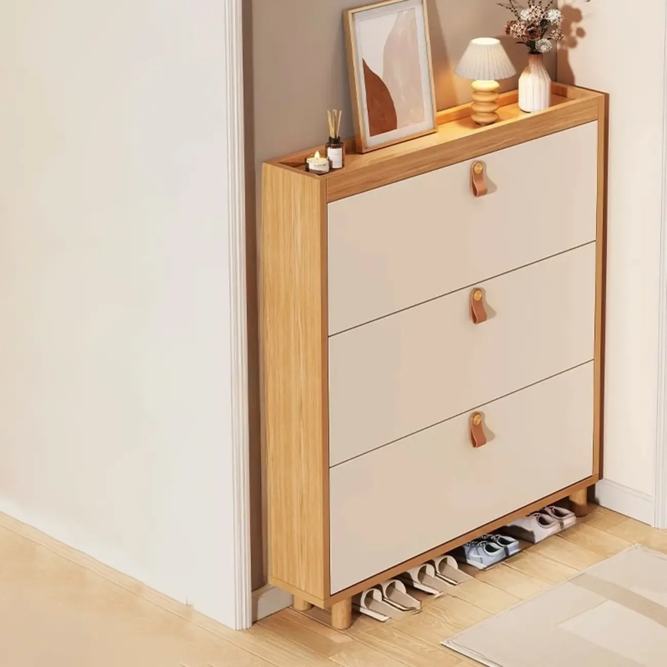 Natural Narrow Drop Front Shoe Cabinet with Doors Image - 2