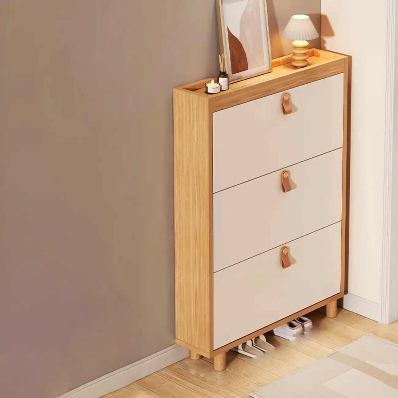 Natural Narrow Drop Front Shoe Cabinet with Doors Image - 3 | homeyfad