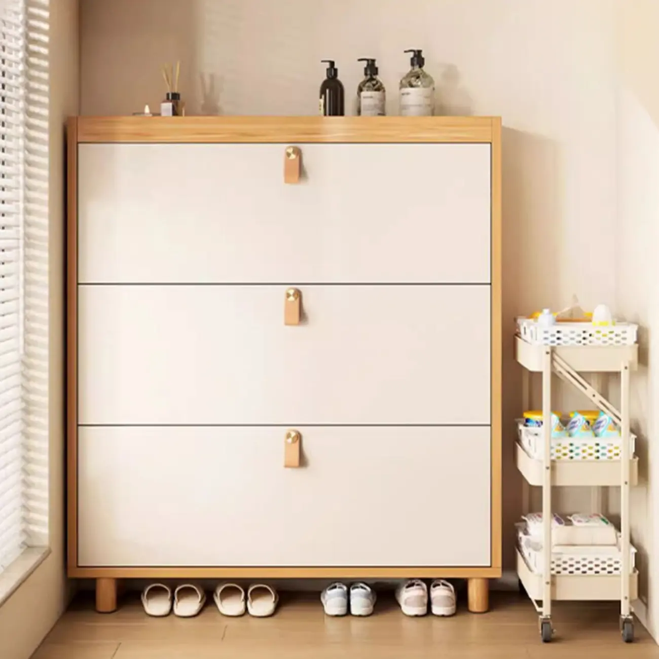 Natural Narrow Drop Front Shoe Cabinet with Doors Image - 4 | homeyfad