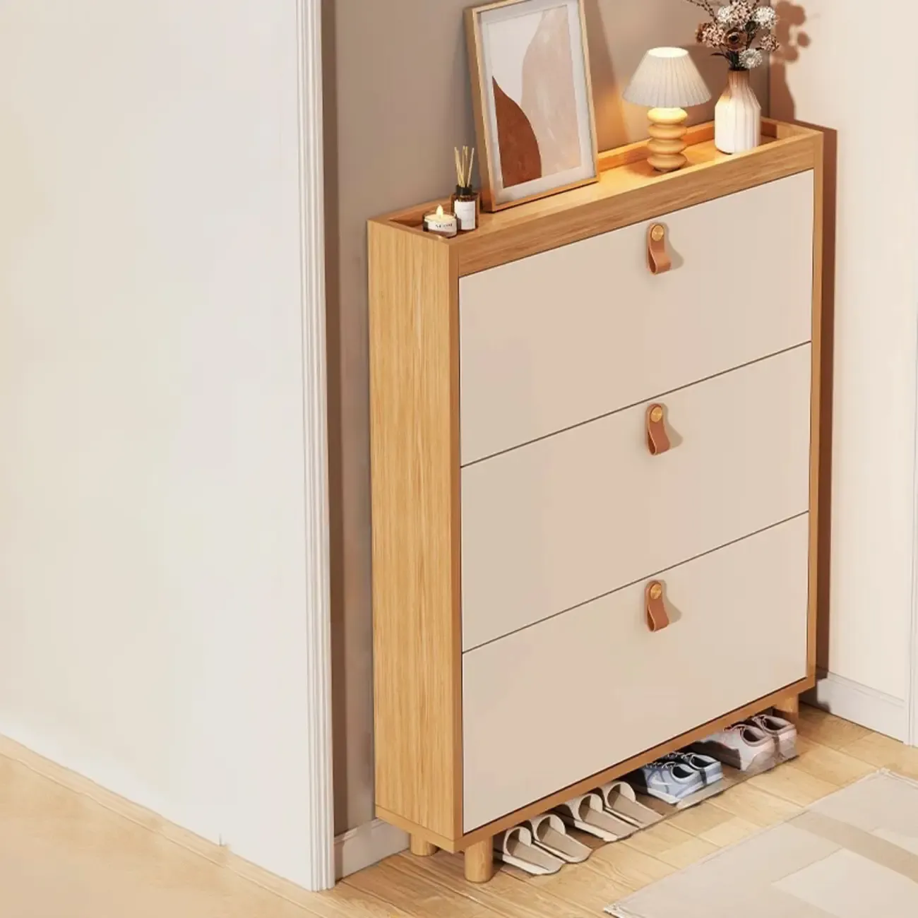 Natural Narrow Drop Front Shoe Cabinet with Doors Image - 5