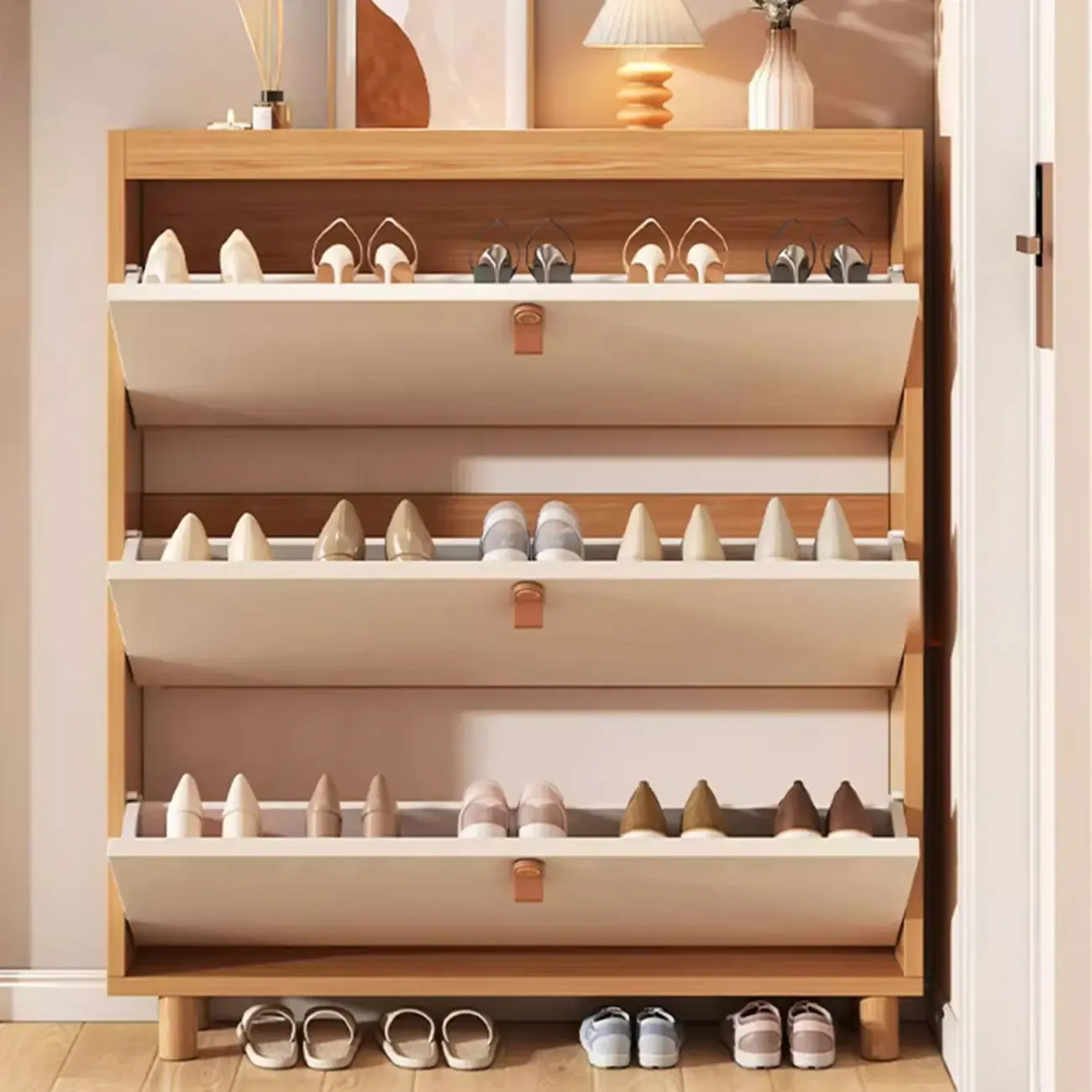 Natural Narrow Drop Front Shoe Cabinet with Doors Image - 6