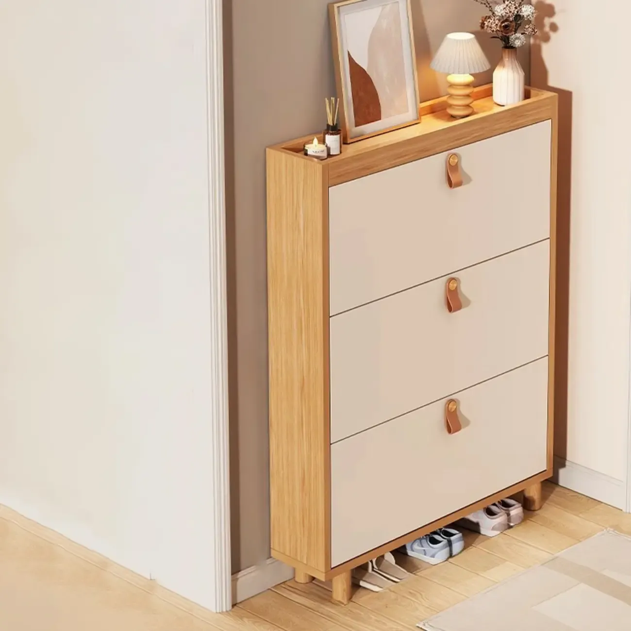 Natural Narrow Drop Front Shoe Cabinet with Doors Image - 7