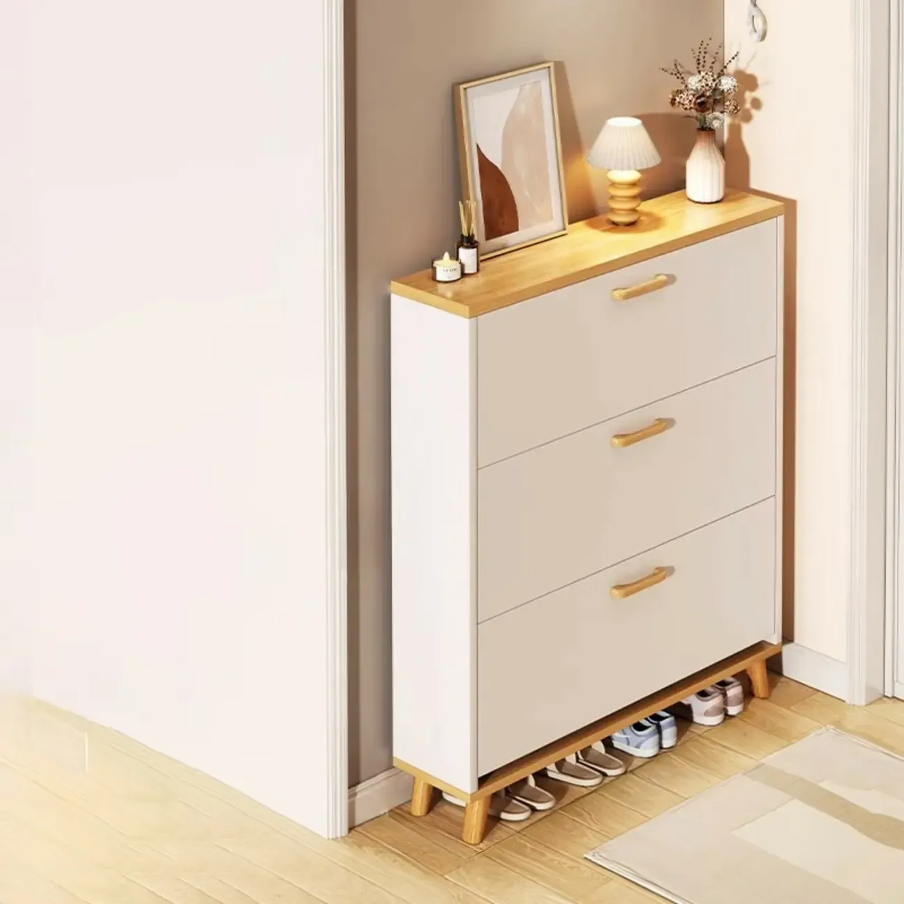 Natural Narrow Drop Front Shoe Cabinet with Doors Image - 9