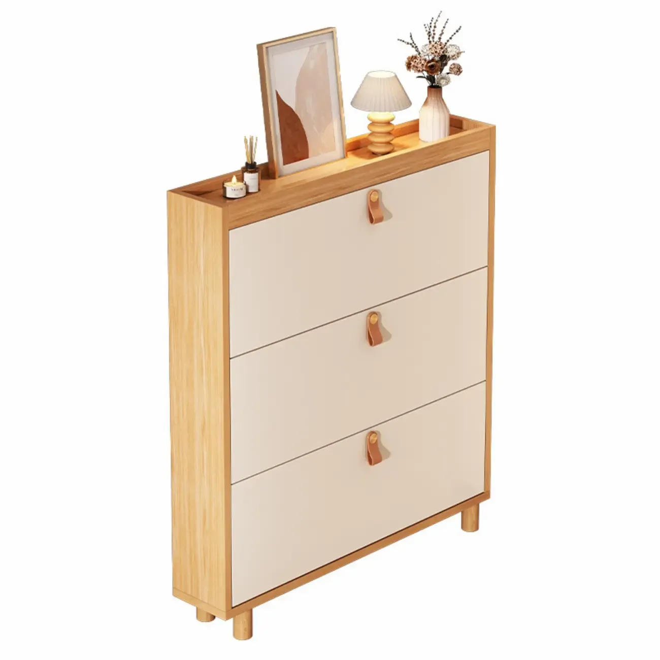 Natural Narrow Drop Front Shoe Cabinet with Doors Image - 10