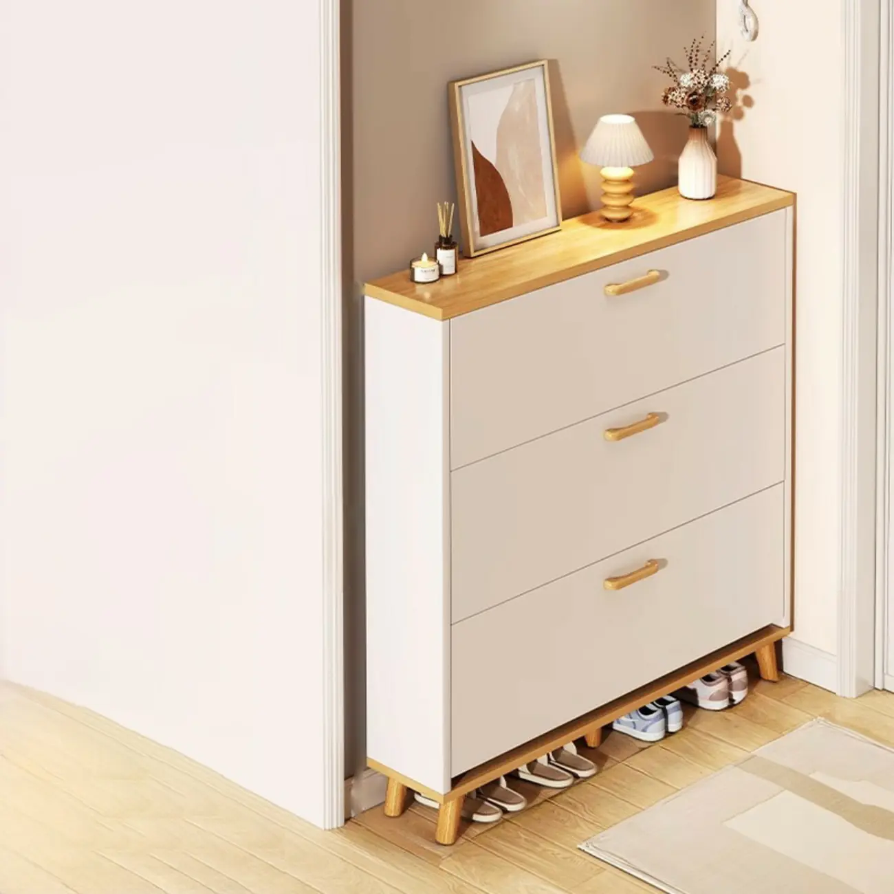 Natural Narrow Drop Front Shoe Cabinet with Doors Image - 11 | homeyfad