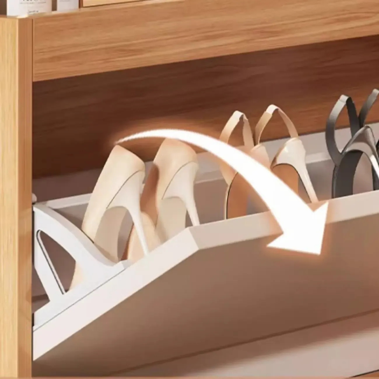 Natural Narrow Drop Front Shoe Cabinet with Doors Image - 13