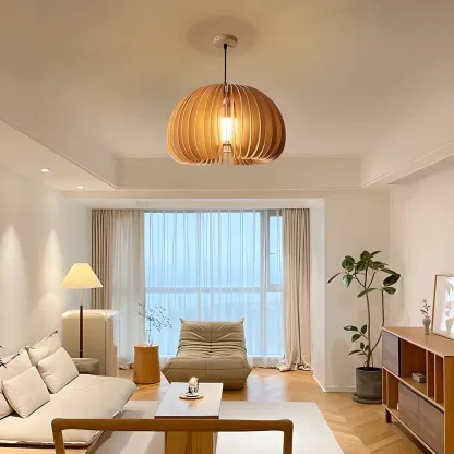 Modern Wood Drum Cord Hanging Pendant Light Image - 1