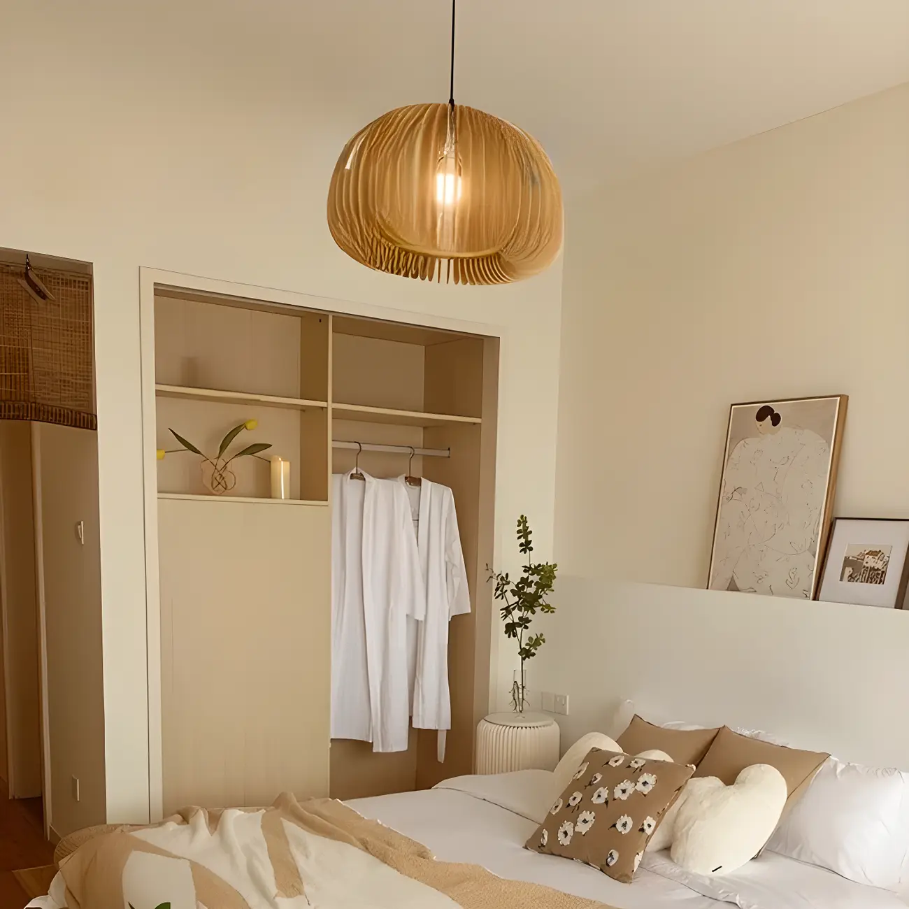 Modern Wood Drum Cord Hanging Pendant Light Image - 2 | homeyfad