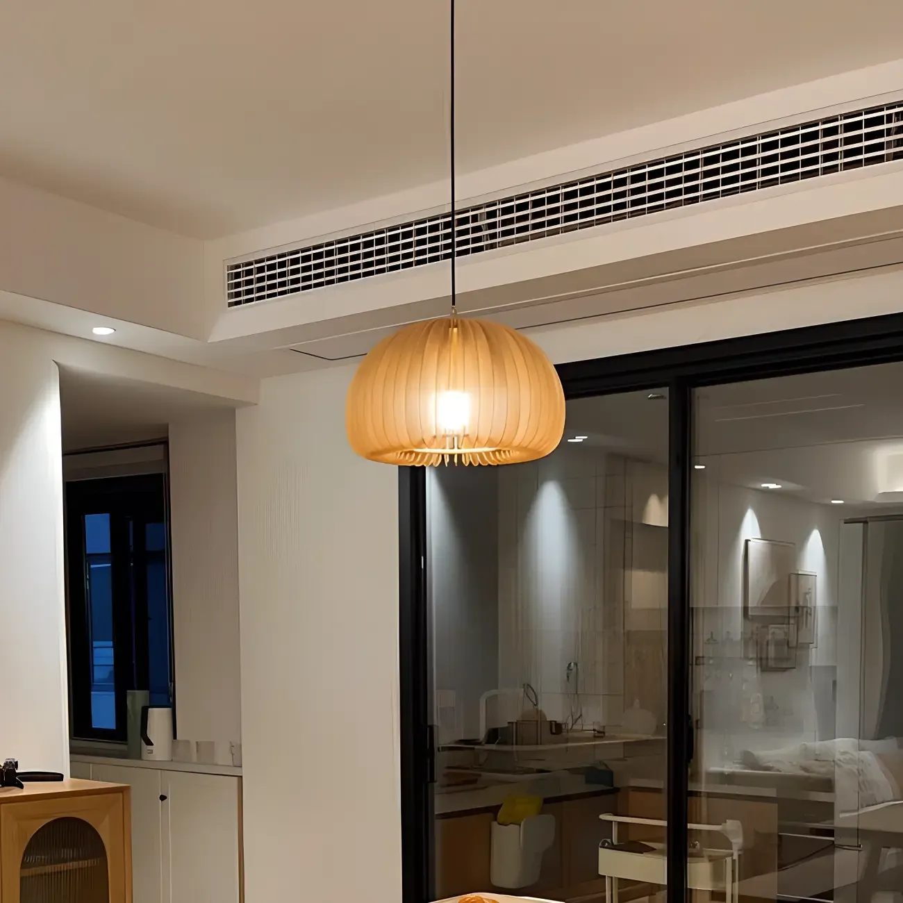 Modern Wood Drum Cord Hanging Pendant Light Image - 3