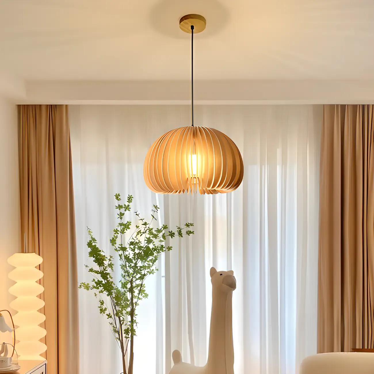 Modern Wood Drum Cord Hanging Pendant Light Image - 4