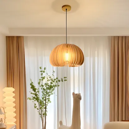 Modern Wood Drum Cord Hanging Pendant Light Image - 4