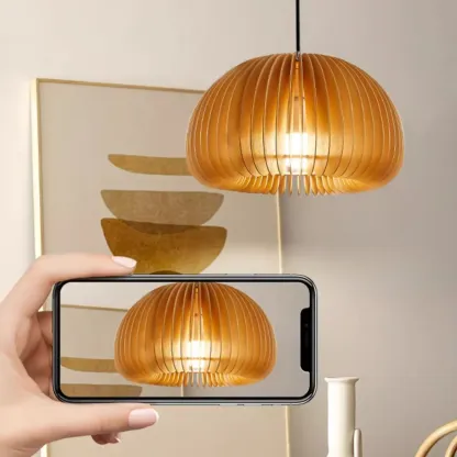 Modern Wood Drum Cord Hanging Pendant Light Image - 6