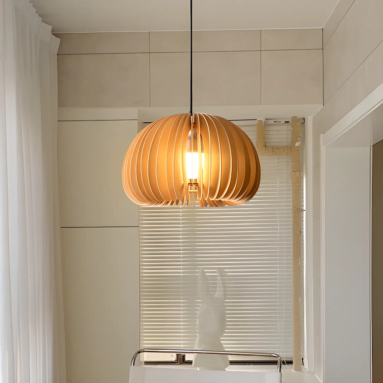 Modern Wood Drum Cord Hanging Pendant Light Image - 9 | homeyfad