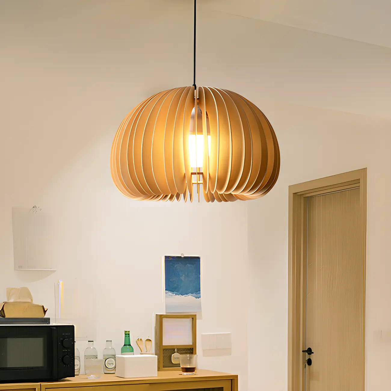 Modern Wood Drum Cord Hanging Pendant Light Image - 10 | homeyfad