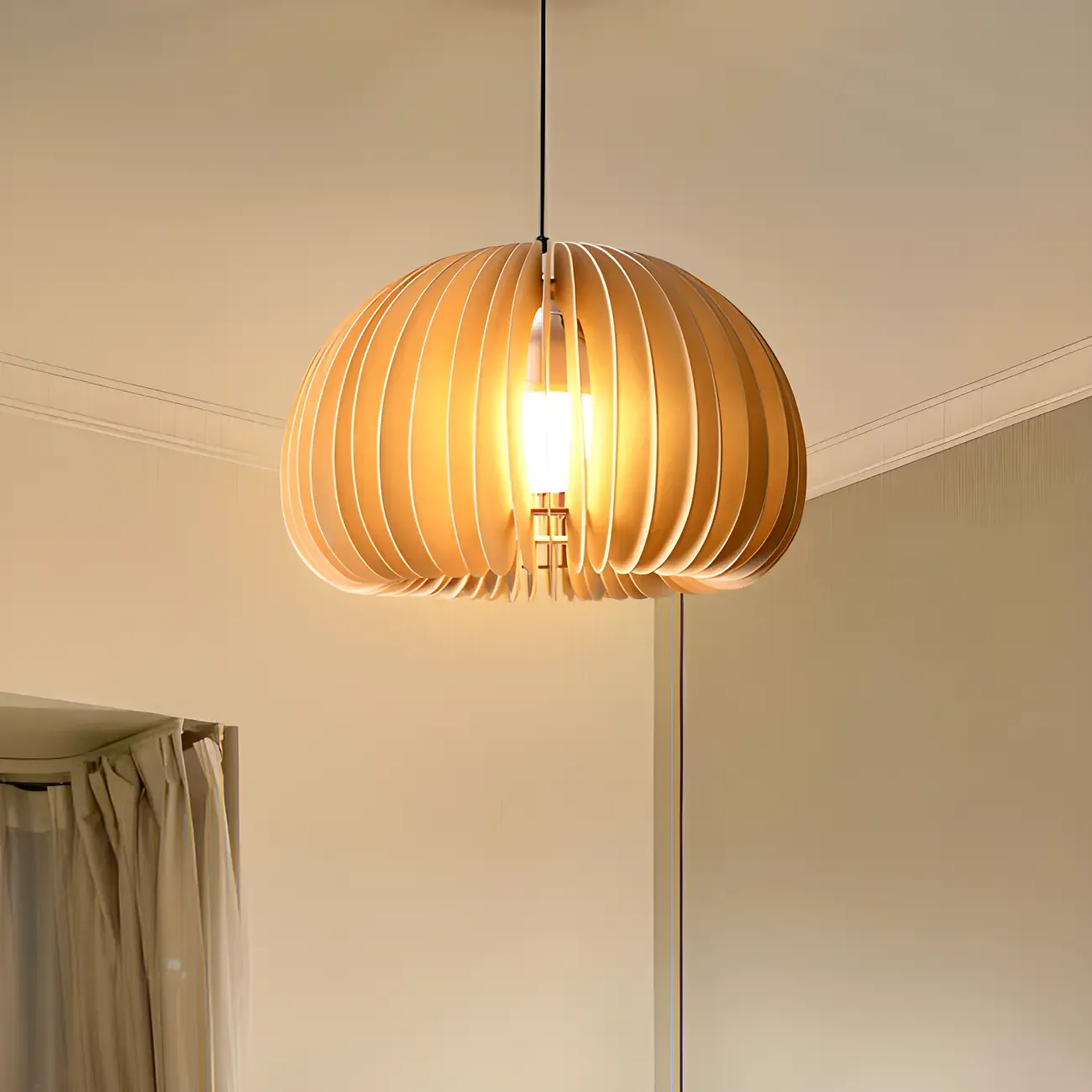 Modern Wood Drum Cord Hanging Pendant Light Image - 11