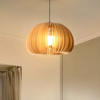 Modern Wood Drum Cord Hanging Pendant Light Image - 11