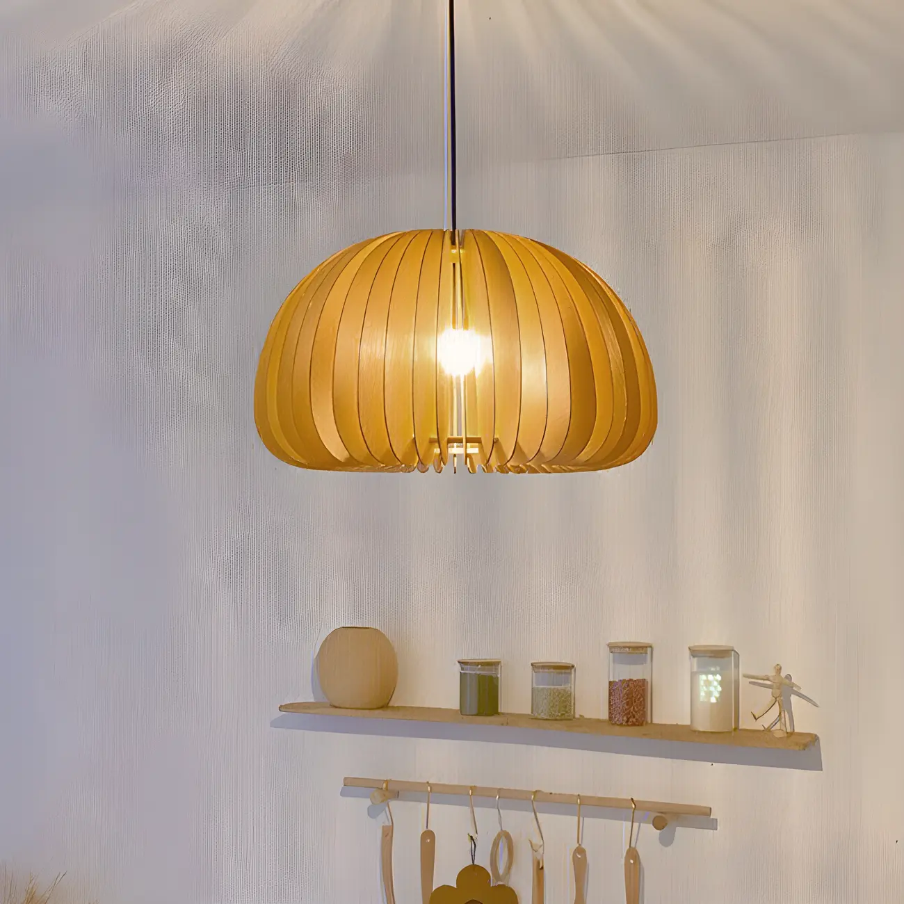 Modern Wood Drum Cord Hanging Pendant Light Image - 12 | homeyfad