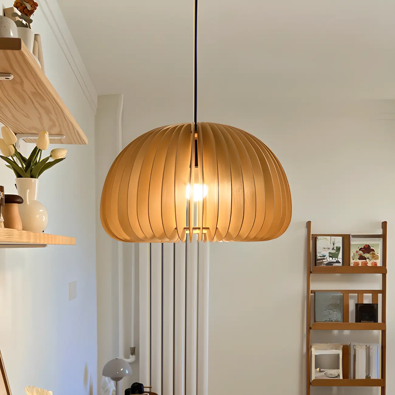 Modern Wood Drum Cord Hanging Pendant Light Image - 13 | homeyfad