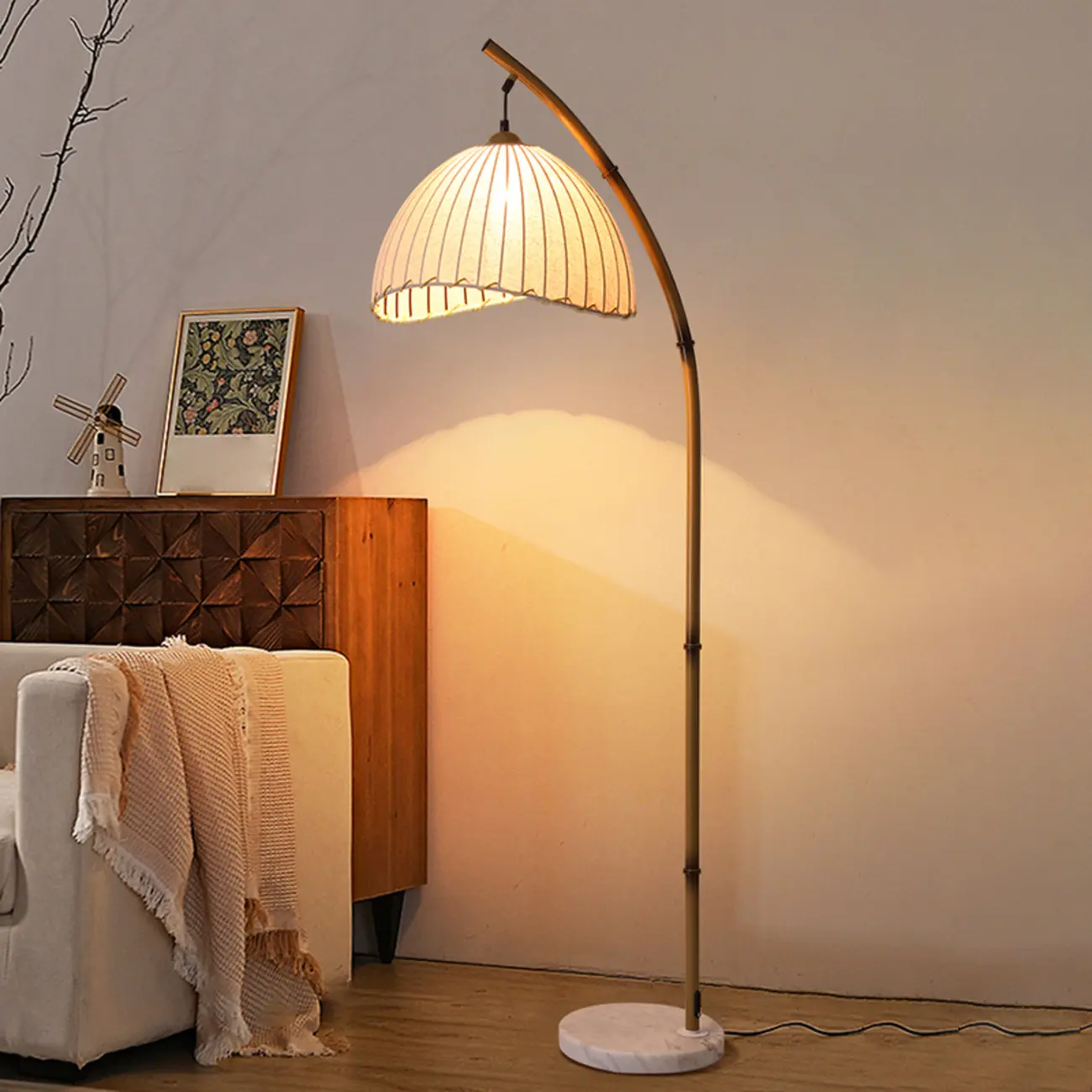 Modern Fabric Dome Metal Arc Floor Lamp Plug-In for Living Room Image - 2 | homeyfad