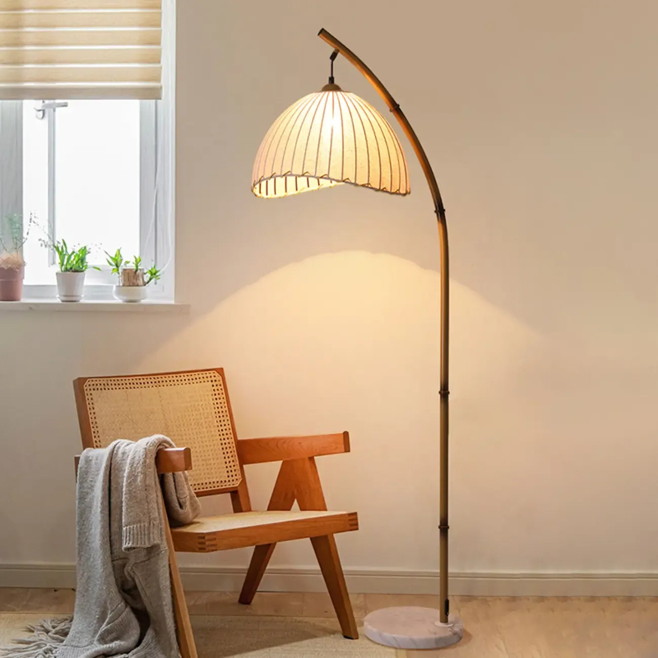 Modern Fabric Dome Metal Arc Floor Lamp Plug-In for Living Room Image - 3