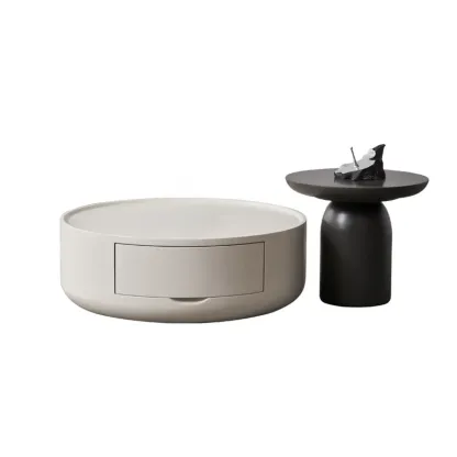 Beige Black Modern Round Drawer Coffee Table Image - 4