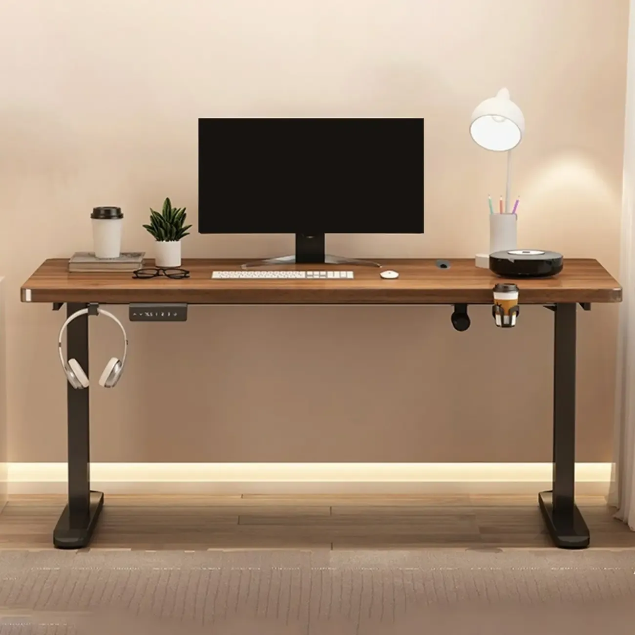 Modern Adjustable Wood Electric Standing Office Desk Image - 1