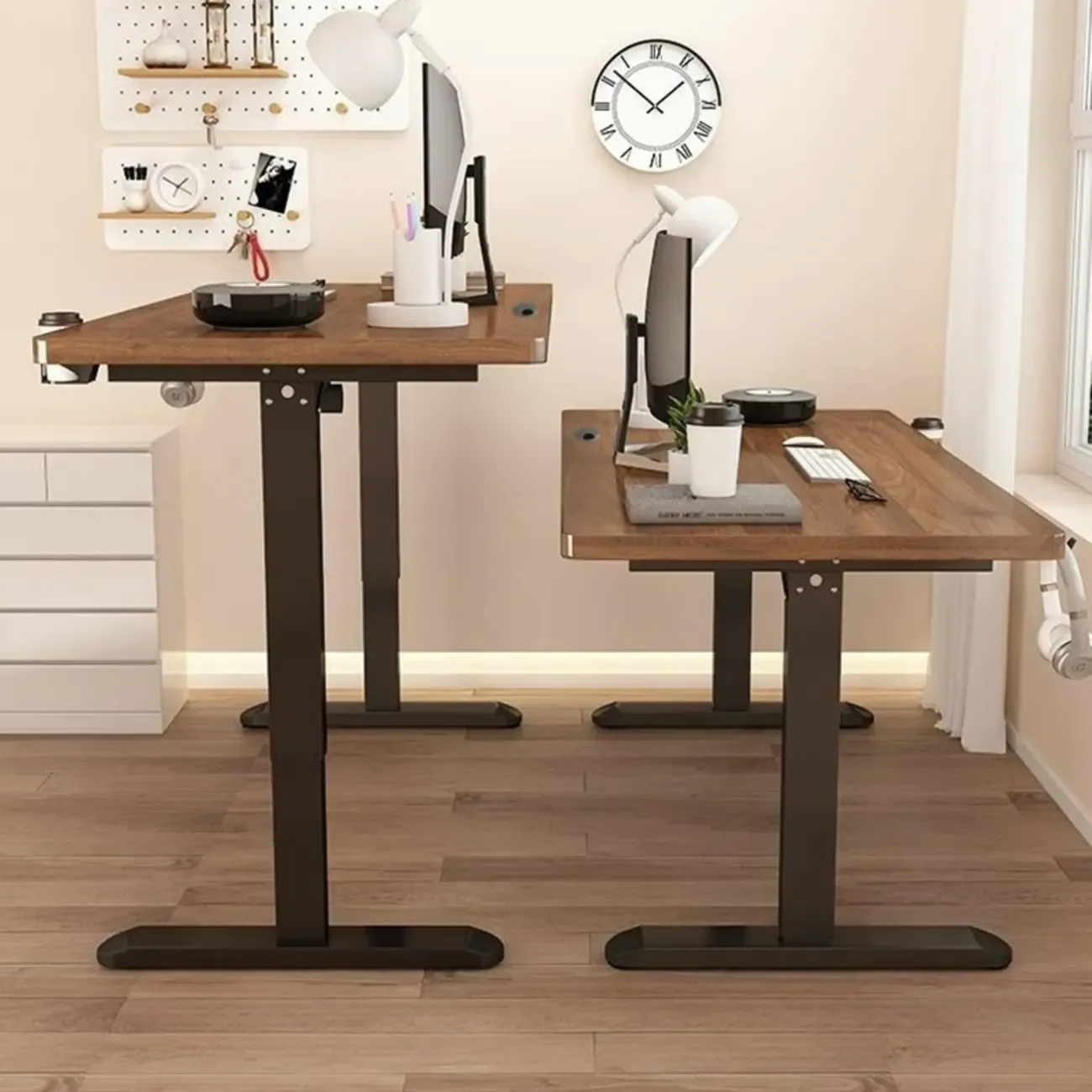 Modern Adjustable Wood Electric Standing Office Desk Image - 4