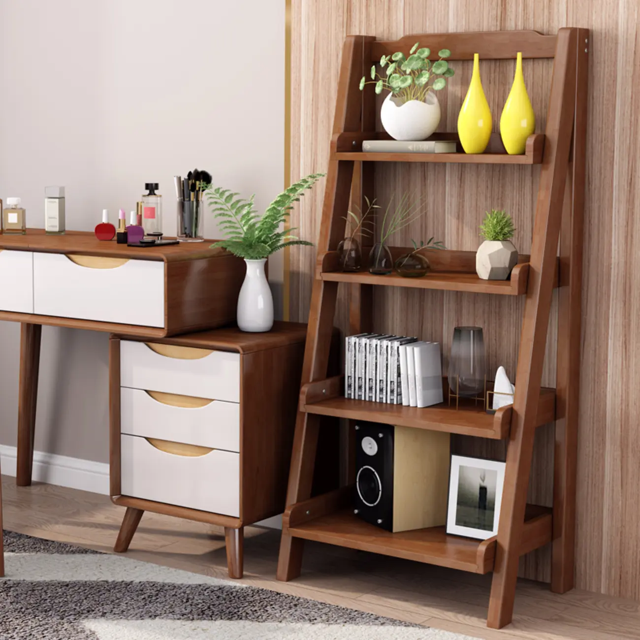 Narrow White 4-Shelf Wooden Ladder Bookcase Image - 2 | homeyfad