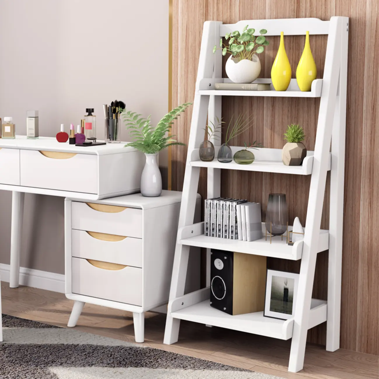 Narrow White 4-Shelf Wooden Ladder Bookcase Image - 1 | homeyfad