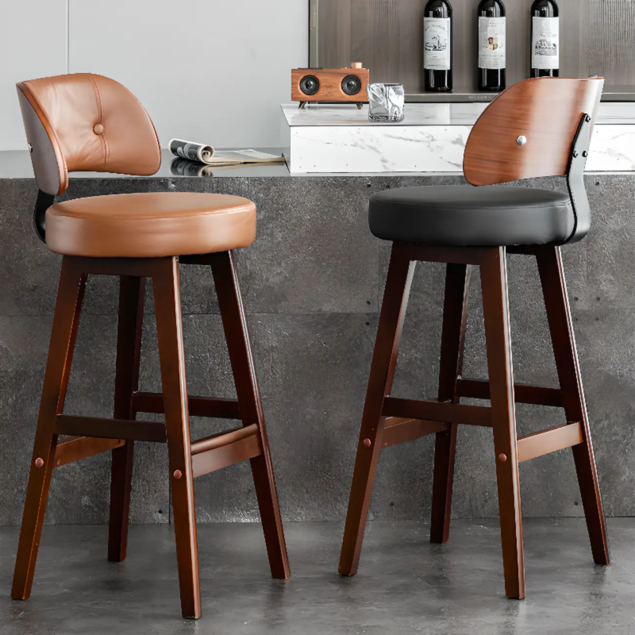 Modern Wood Upholstered Bar Stools with Back Image - 2 | homeyfad