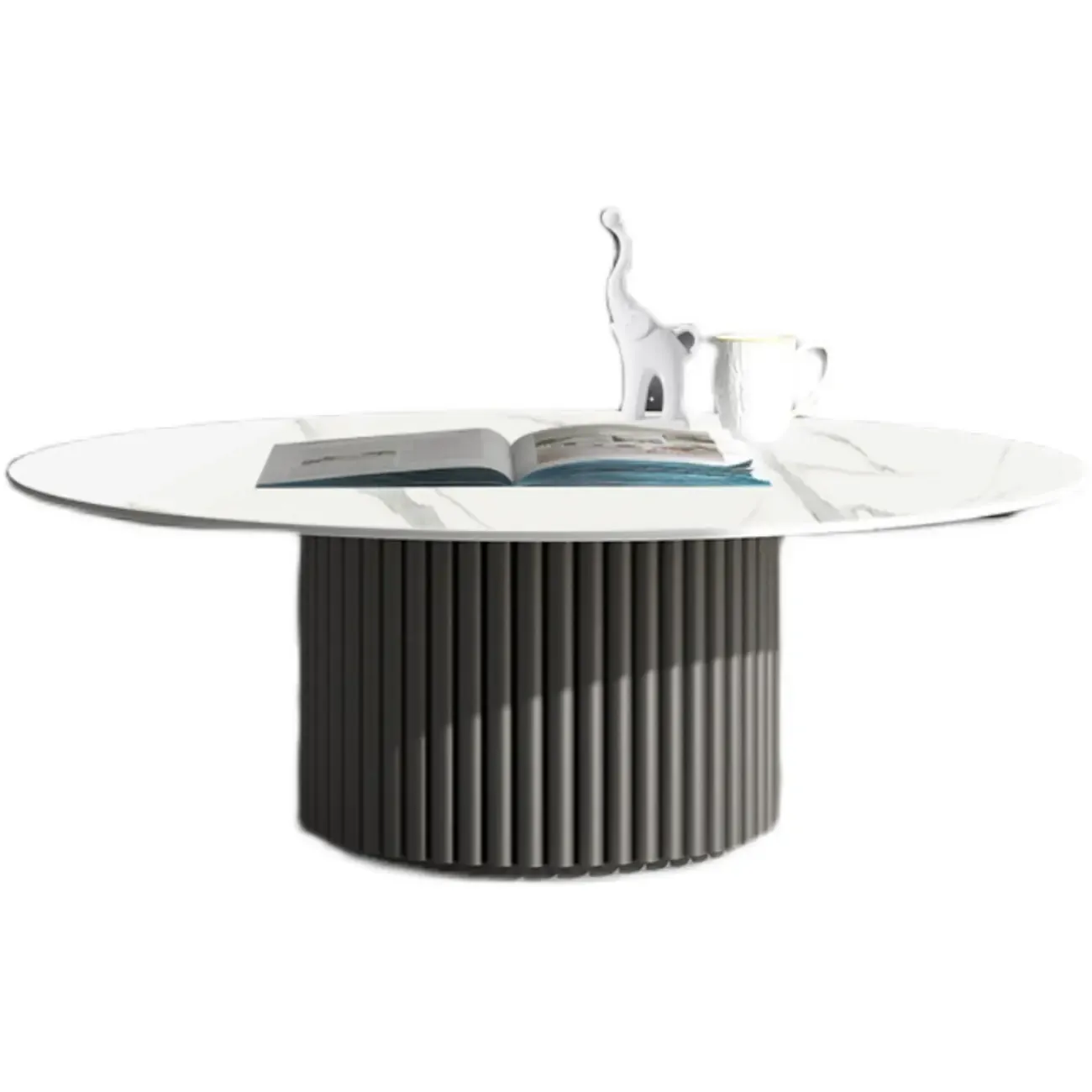 Modern White Stone Round Coffee Table with Iron Stump Base Image - 6